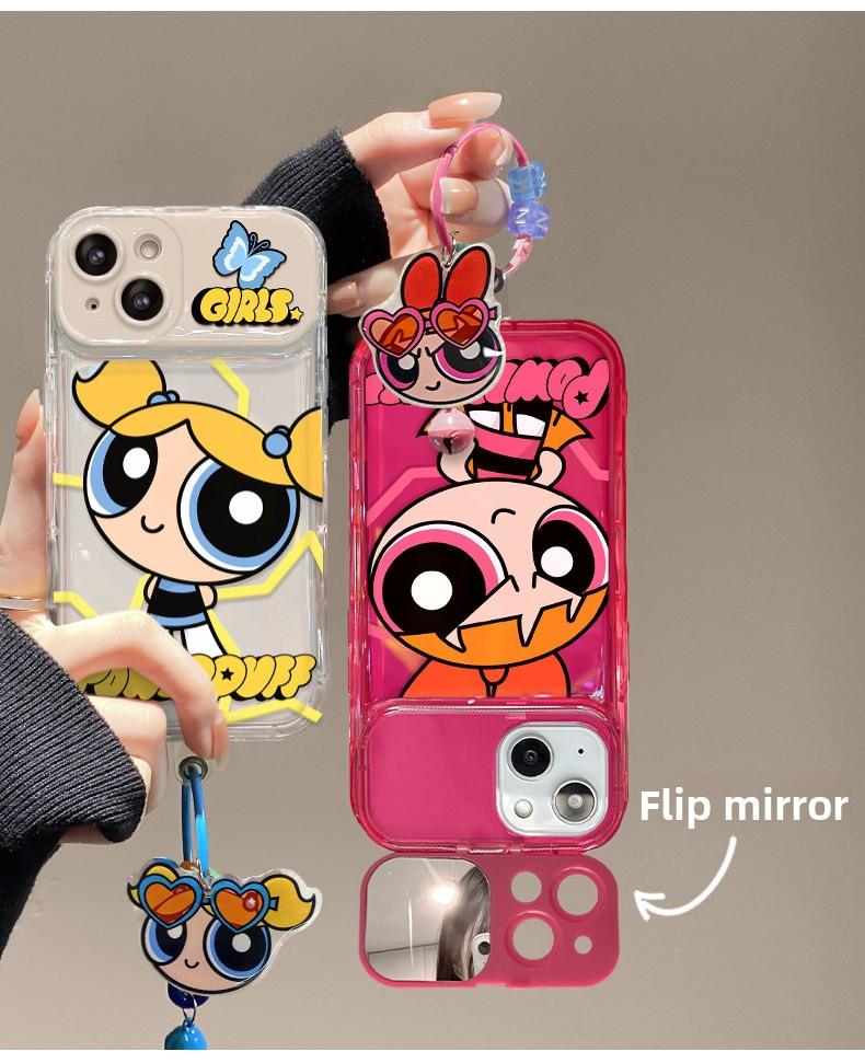 Powerpuff Girls Pendant Phone Case For iPhone 17 Pro Max 16 15 Plus 14 13 Pro Lens Flip Mirror Silicone Shockproof and Drop-Proof Protective Cover