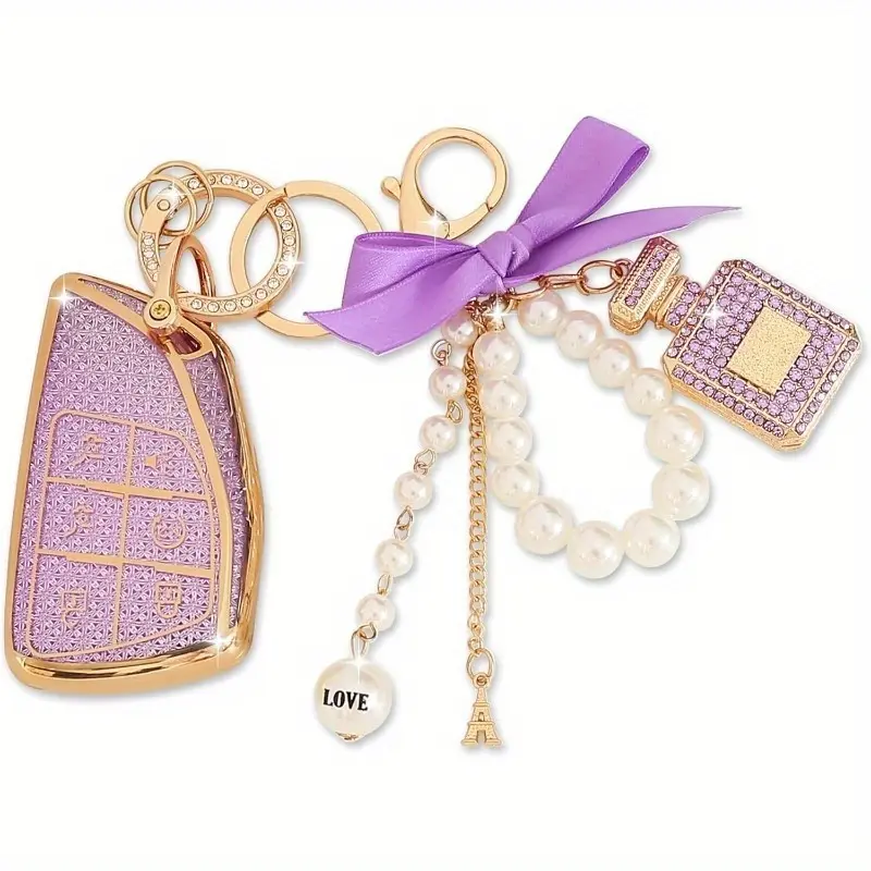 Bling Diamond Perfume Keychain Key Fob Cover for Women, 6‑Button Smart Car Key Protector Compatible with Chevy Car Key Holder Case