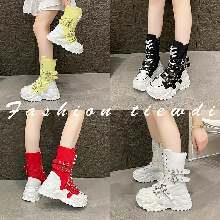 Chunky Platform Thick-Sole Height Increase 1.38 1.97 Lift Lace-Up Round-Toe All-Season All-Terrain Traction Low Heel Rubber Sole Fabric Upper Casual Athletic Wear Brown Black Easy-Clean Hand Washable