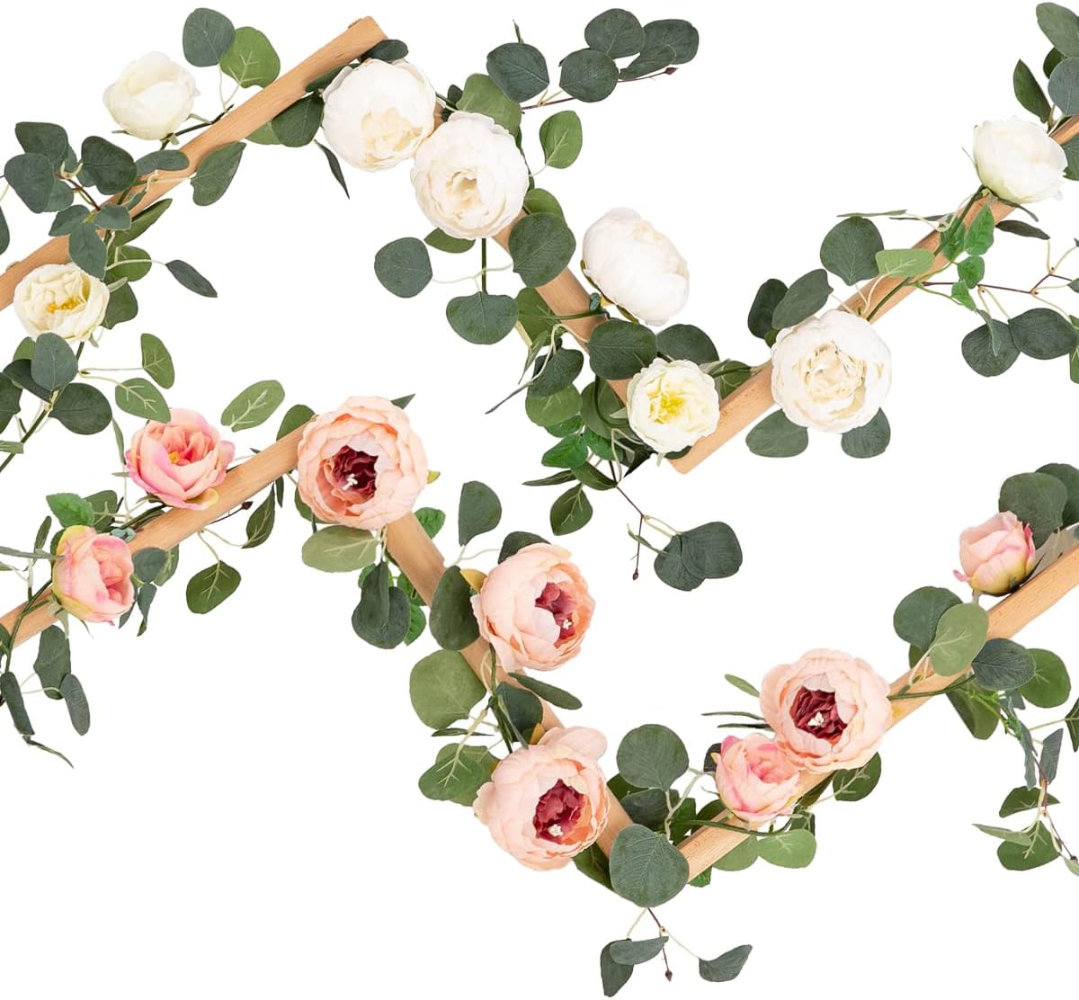 3-Pack 11.2FT Handmade Faux Eucalyptus & Peony Flower Garlands, Pink & White Silk Floral Vine for Wedding Arch, Table, Wall Decor