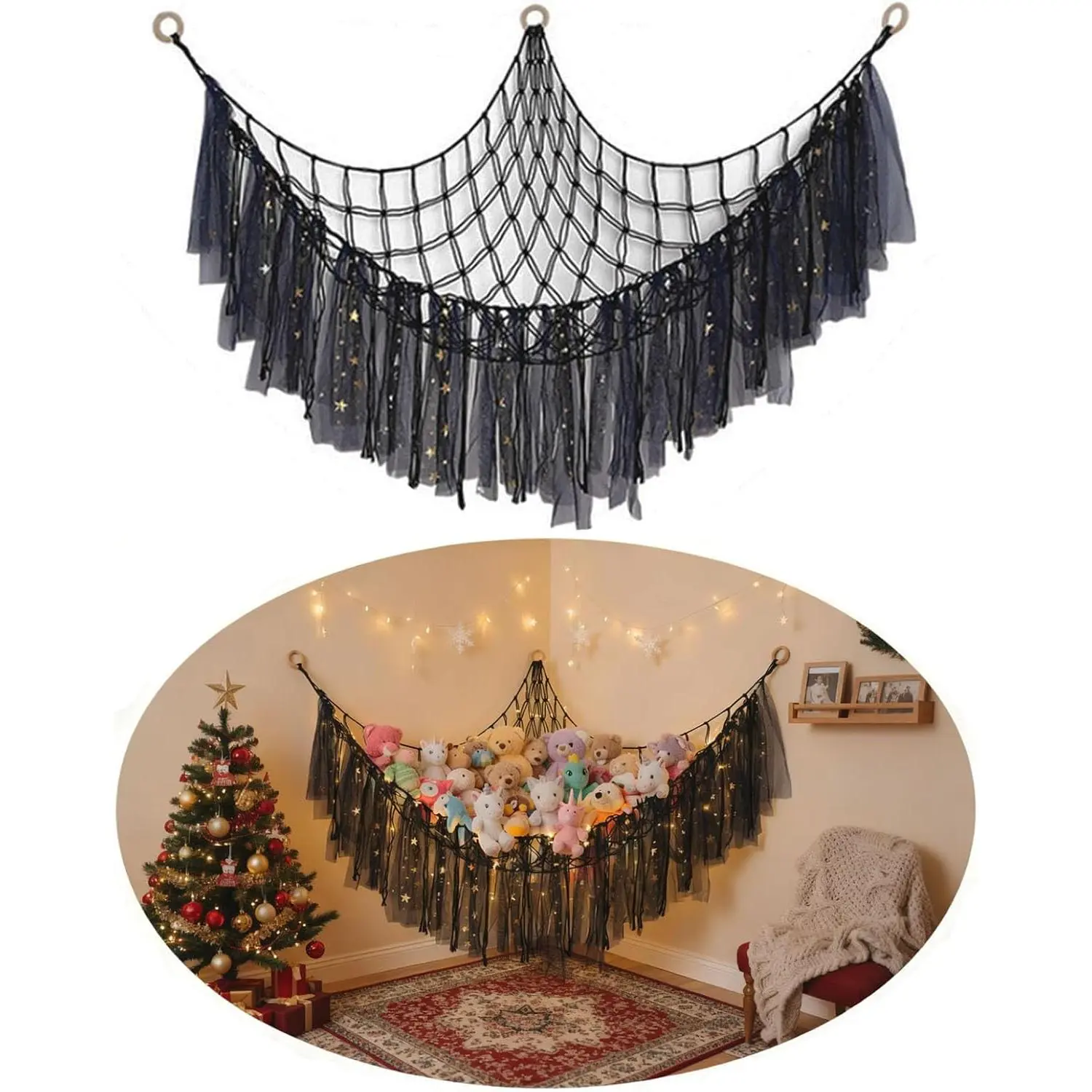 2-Pack Stuffed Animal Storage,Net or Hammock with Led Light,Corner Toy Hammock Hanging,Cute Stuff Animal Organizer Plush Holder,Nursery Hanging Organizers,for Kids Bedroom/Room Decor (Black)