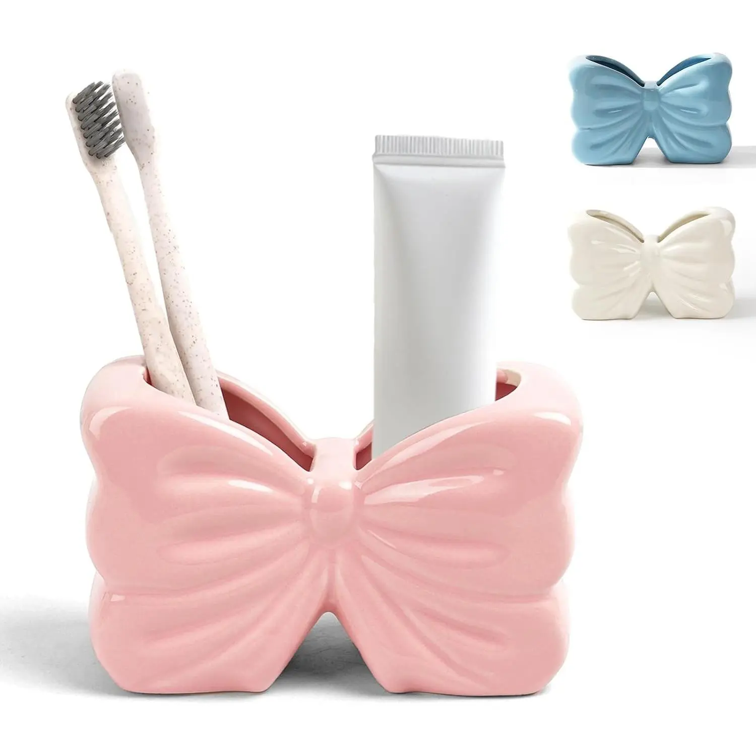Bow Toothbrush Holder, 2-Slot Toothbrush and Toothpaste Holder Set, Bathroom Counter Organizer for Electric Toothbrushes, Floss, Razors - Pink