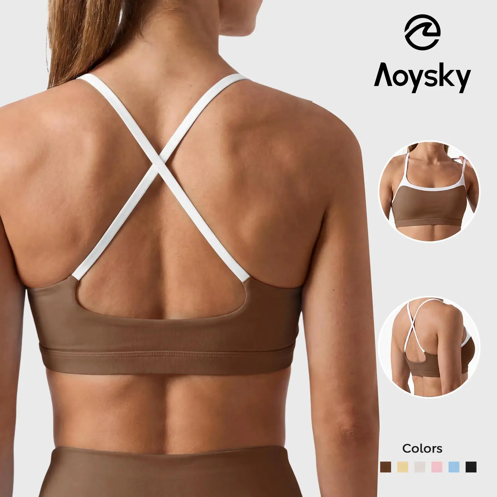 Aoysky Women's Wireless Padded Spaghetti Strap Scoop Neck Cross Back Workout Bra - 3/4 Coverage Athleisure Wear Strappy Crop Top for Yoga, Running; Check Size Chart