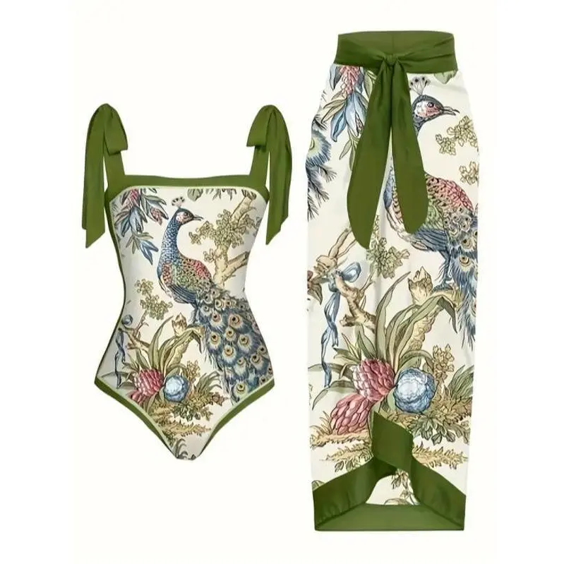 Women's 2-Piece Tummy Control Swimdress Set - Tie-Strap Square Neck Peacock Print Swimsuit with Matching Bow Wrap Skirt, Swimming Beach Wear for Vacation