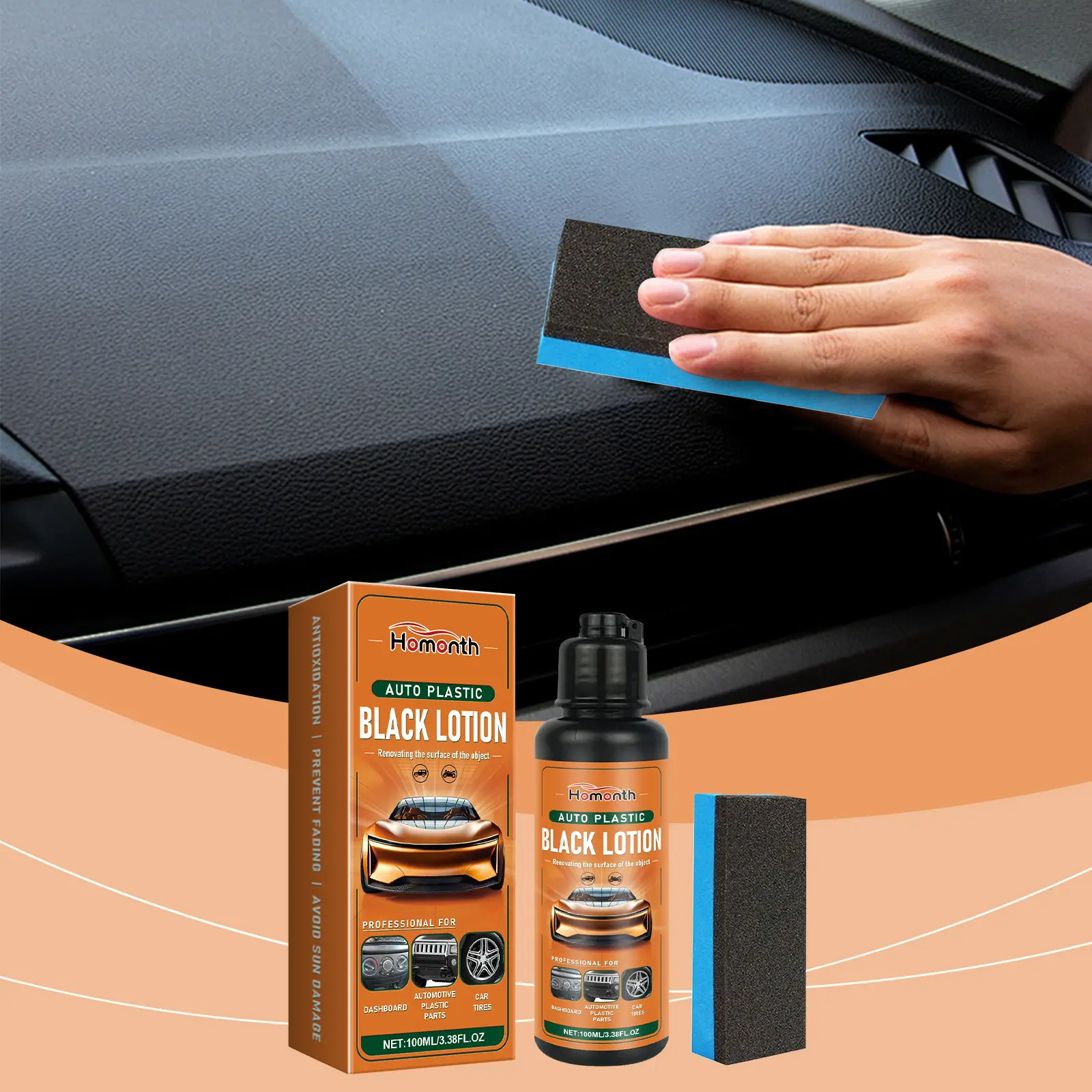 Homonth 100ml Auto Plastic Black Lotion 3.38 fl oz Single Unit, Long Lasting Car Plastic Restorer with Sponge, Trim and Dashboard Hydrophobic Coating Agent for Anti-Oxidation and UV Sun Damage Prevention