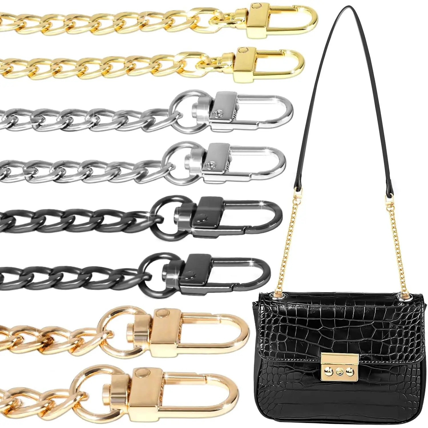 8 count Purse Chain Strap Extender, Length 7.9“ Metal Flat Bag Chain Straps , Easy to Extender for Crossbody Bag Handbag Charms (Champagne ,  Black, Light , )