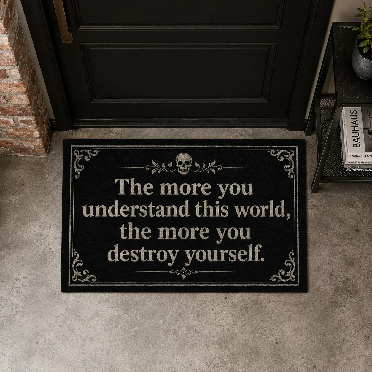 Gothic Skull Ornate Frame "The More You Understand This World" Doormat, Dark Academia Nihilist Quote Non-Slip Welcome Mat for Entryway Man Cave Patio, Edgy Black Floor Rug for Indoor Outdoor Alternative Home Decor