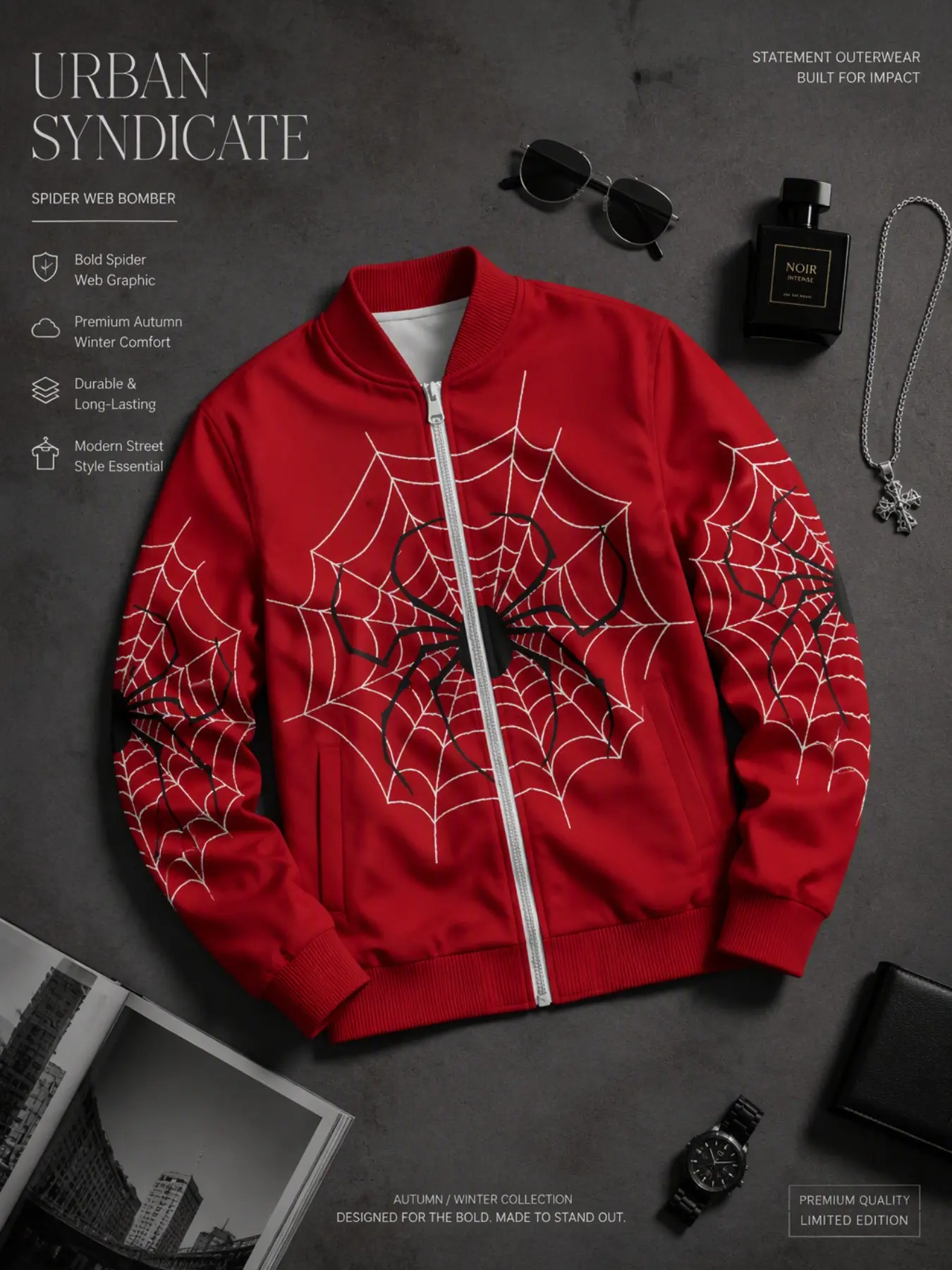 Men's Spider Web Pattern Full Zip Baseball Jacket, Retro Spider Print Windproof Jacket, Streetwear Fall Winter Coat