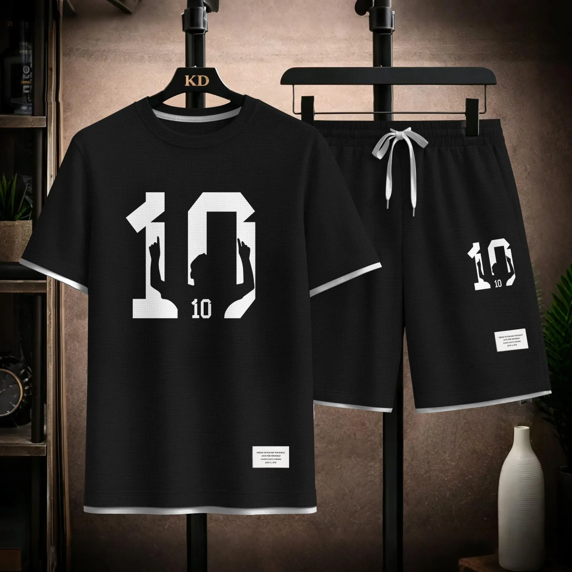 Men’s Soccer Number 10 Silhouette Hand Graphic Short Sleeve Shirt and Shorts Set, Waffle Knit Casual 2 Piece Outfit with Crew Neck Top and Elastic Waist Drawstring Shorts for Streetwear, Gym, Outdoor, Travel and Daily Style