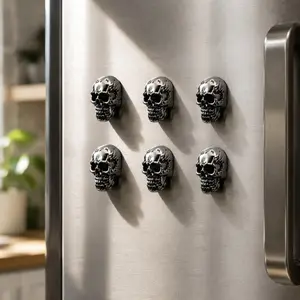 6-Pack 3D Skull Metal, Gothic Horror Decor, Refrigerator Decorating Magnet, Strong Magnetic Creative Stickers for Kitchen Office Storage Cabinet Decoration