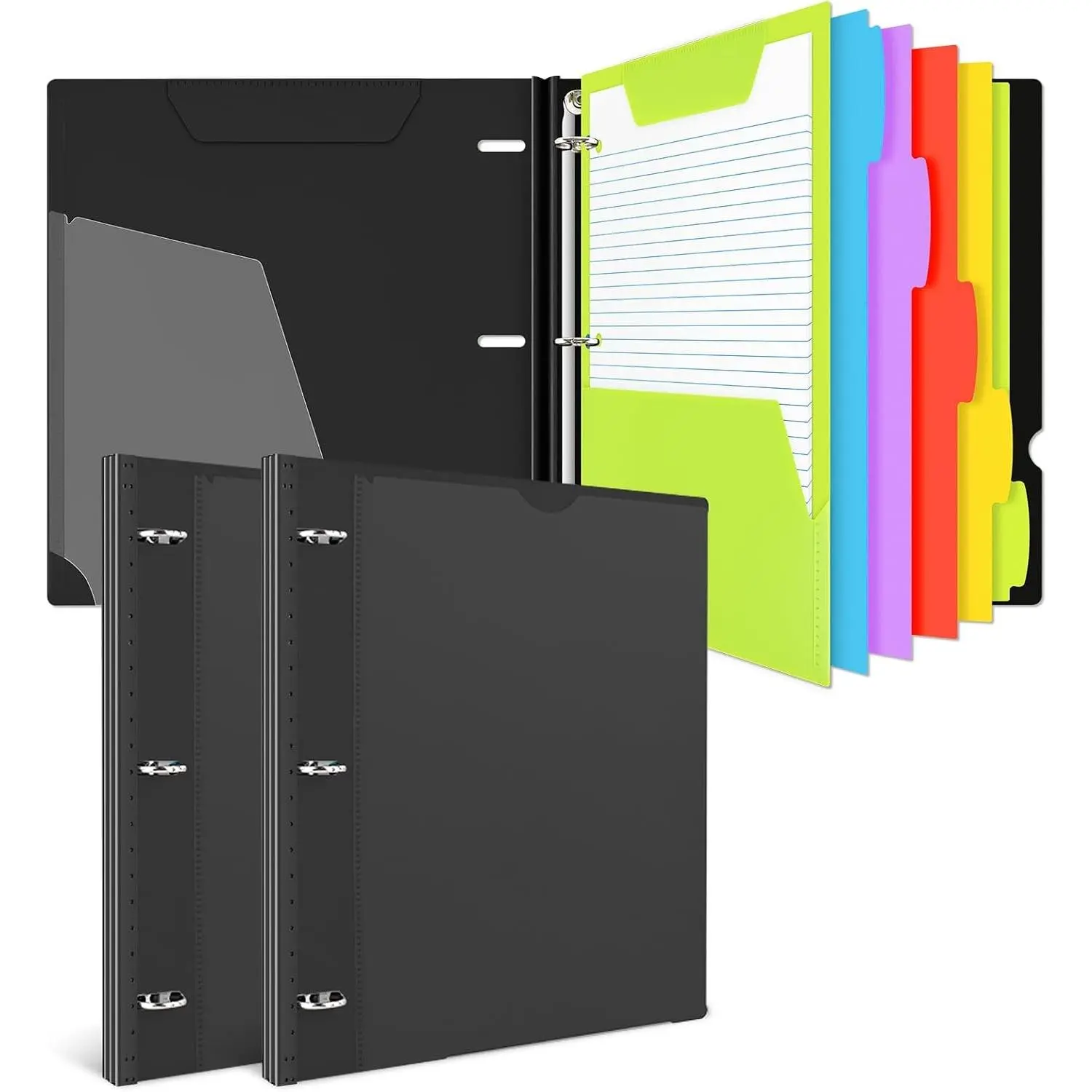 All-in-one Telescoping Binder Notebook - 2 PCS- Refillable 3 Ring Notebook Binder with 1 Plastic Movable Pocket Folder,5 Plastic Subject dividers and Graph Paper and College Ruled Paper- Black
