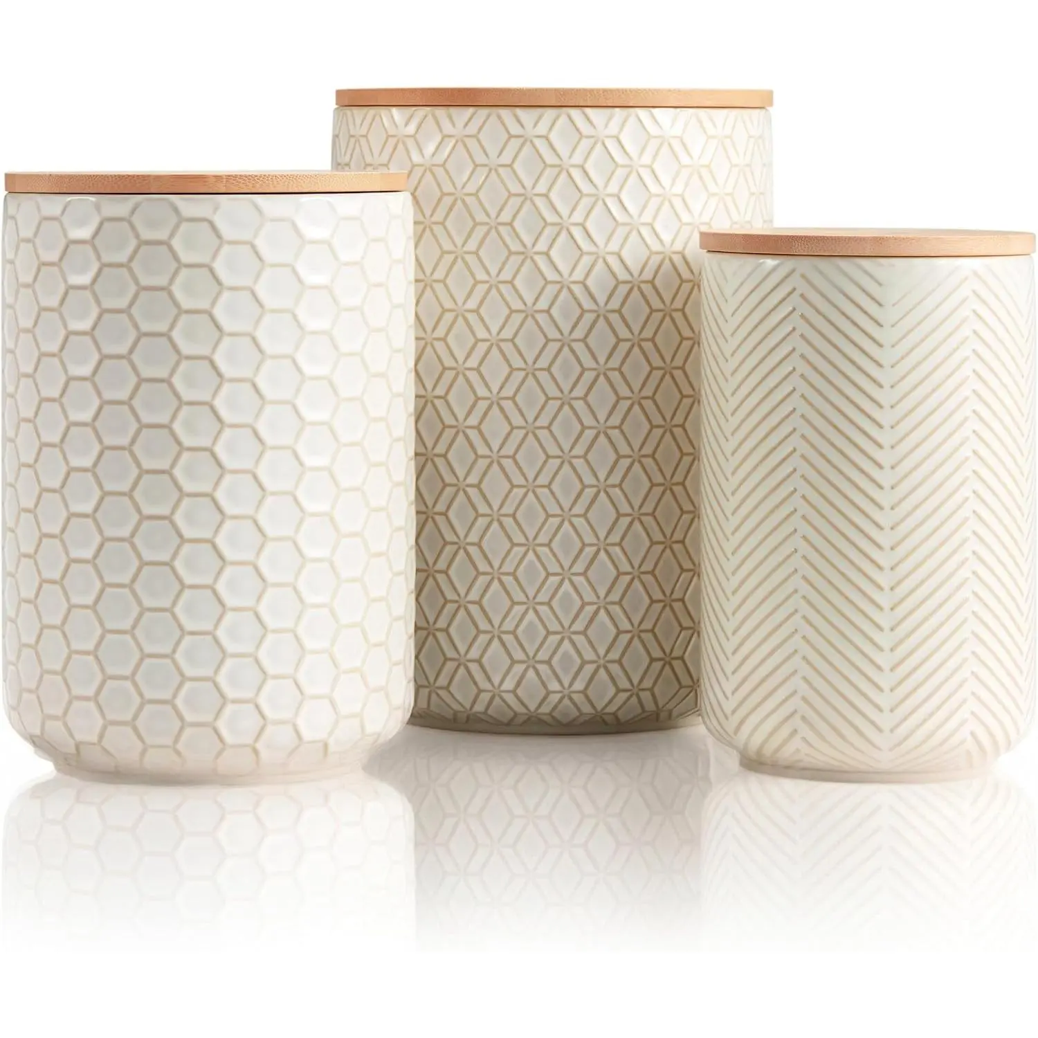 Ceramic Storage Containers, Embossed Pantry & Bathroom Canisters with Airtight  , Dishwasher Safe Stoneware Jars (40, 65, 100 oz), Set of 3, Narbonne Collection ()