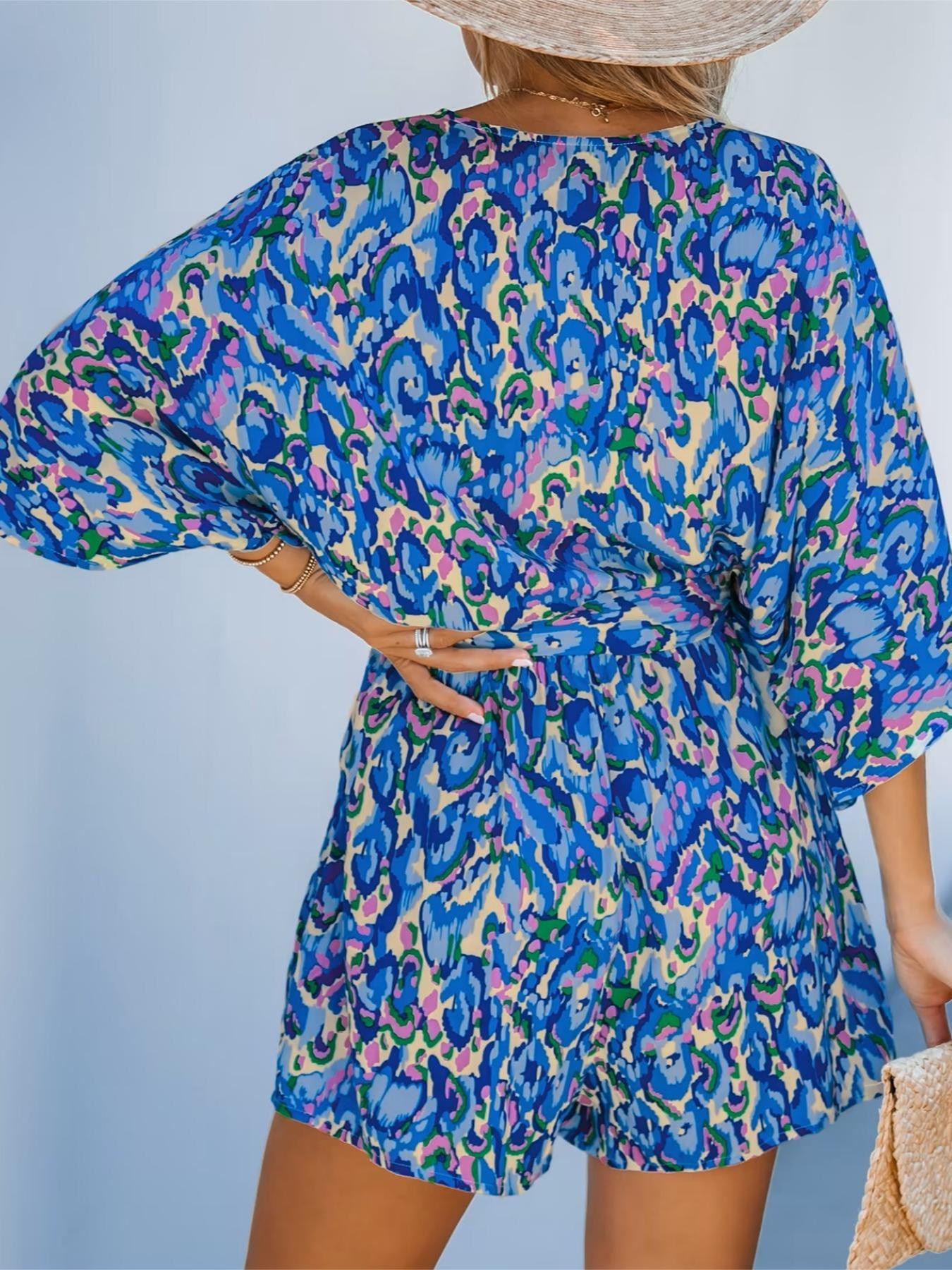 Women's All Over Print Belted V Neck Wide Leg Romper, Boho Casual Fashion Batwing Sleeve Half Sleeve High Waist Romper for Summer, Fashion Women's Clothing for Beach Holiday Vacation