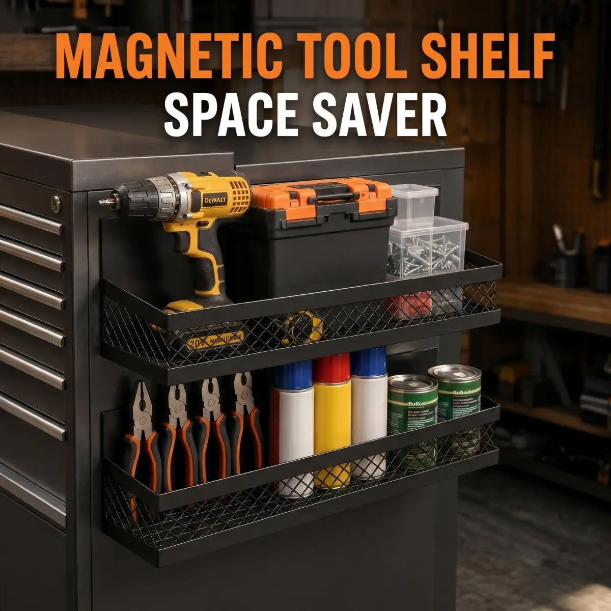2 Pcs Magnetic Tool Shelf Organizer for Pegboard, Heavy Duty Refrigerator Side Storage Basket, No-Drill Space-Saving Magnetic Rack for Workshop Garage Home, Ideal Father's Day Gift, Metal Tool Organizer, Garage Tool Organiser