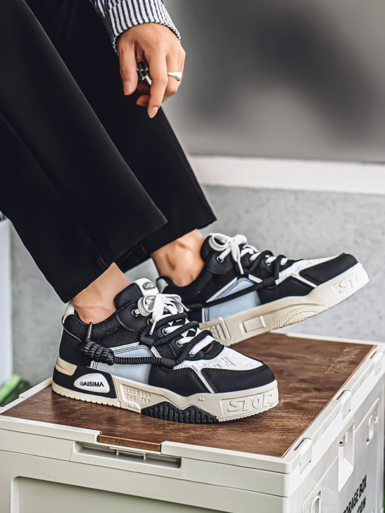 Men's Sporty Lace-Up Thick Sole Sneakers, Breathable Comfortable PU Leather Shoes, All-Season Outdoor Skateboarding Footwear