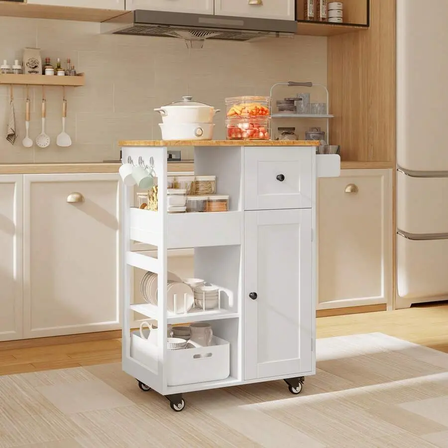 Island Cart On Wheels, With Thickened Wooden Countertop, Serving Utility Cart With Drawers And Doors, Bar Cart With Adjustable Shelf And Removable Tray Dining Room, White