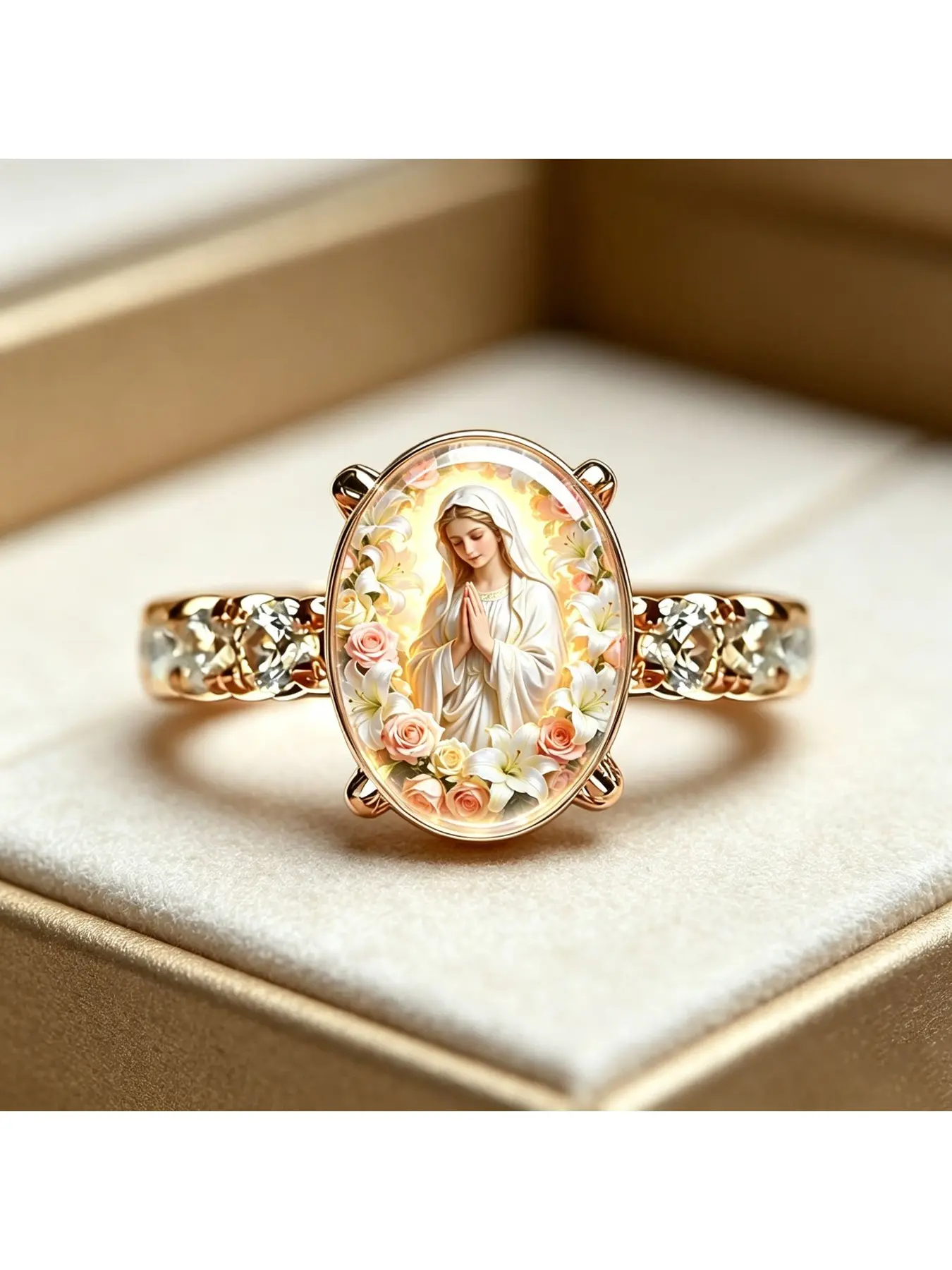 The white lilies surround the Mother's elliptical gold ring. The Mother is praying devoutly with both hands. Complementing the white lilies and pink roses, the scene is soft and holy, symbolizing purity and protection. It is suitable for Catholic believer