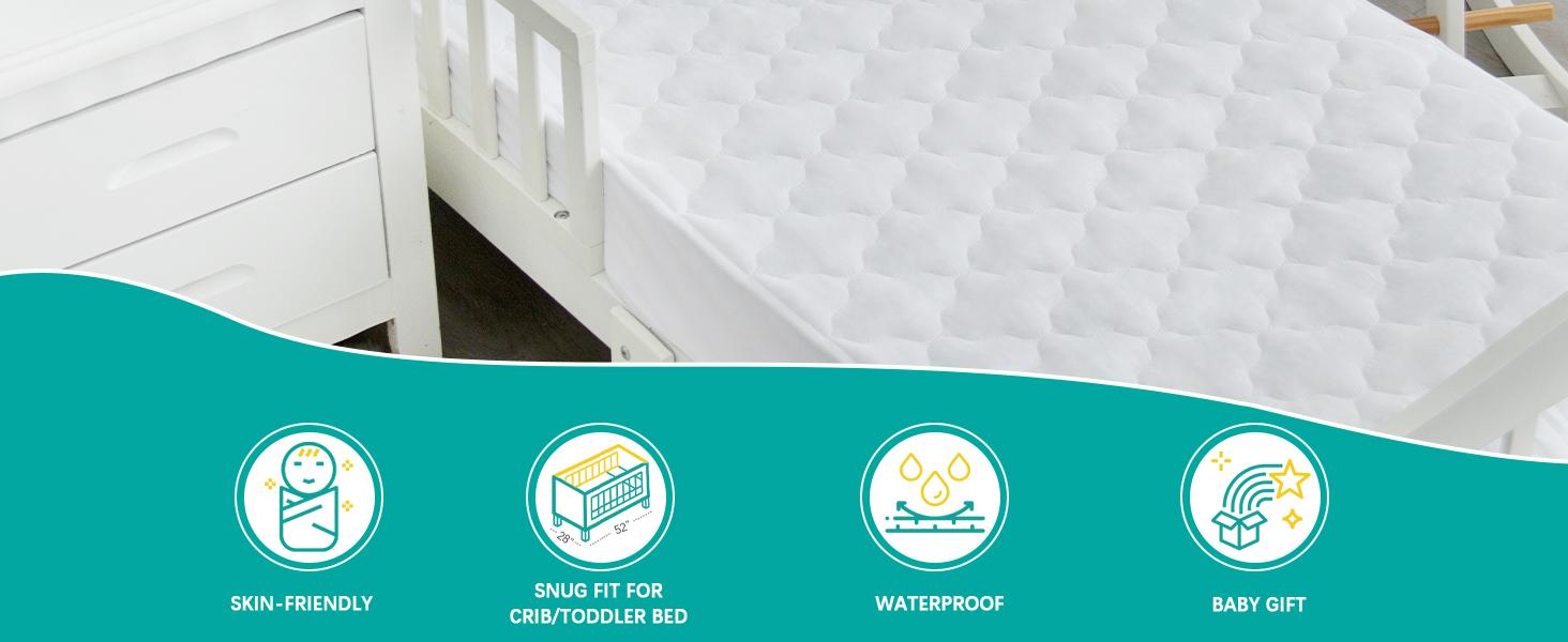 Crib Mattress Protector Sheets Fitted Waterproof Crib Mattress Pad Cover, Noiseless & Machine Wash 100% Absorbent Crib/Toddler Mattress Protector Sheet Quilted, White, 52" x 28"