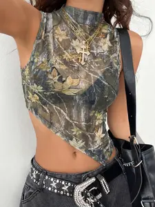 Camo Floral Print Sheer Mesh High-Neck Cropped Tank Top, Y2K Vintage Grunge & Edgy Vibe. This form-fitting semi-sheer mesh top features a high neck, sleeveless design, and unique tree-camo floral print. The asymmetrical cropped hem adds an edgy touch,
