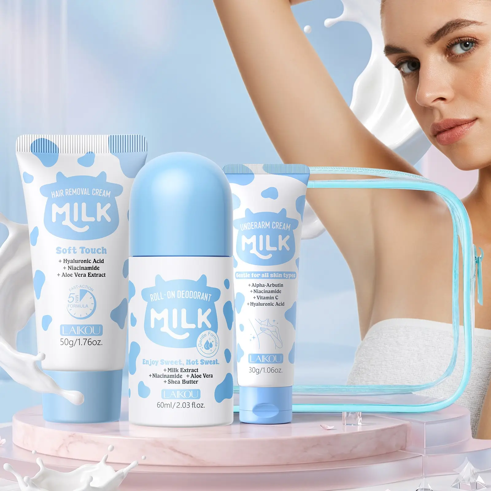 LAIKOU Milk Underarm Care Set, 4-in-1 Gentle Body Grooming Kit with Hair Removal Cream 50g, Deodorant Roll-On 60ml, Skin Smoothing Cream 30g and Clear Waterproof Cosmetic Bag for Travel, Summer Essential Skin Care Gift Kit