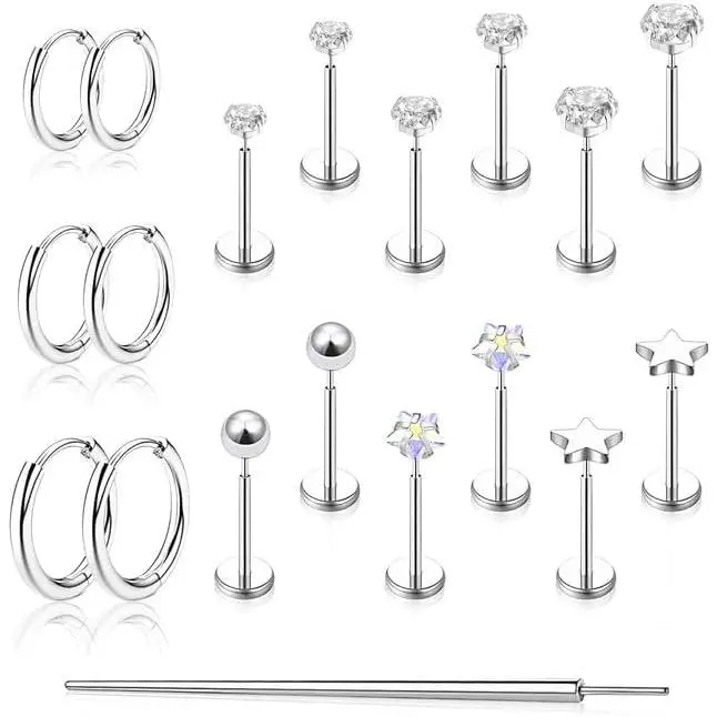 Hypoallergenic Stainless Steel Threadless Flat Back Stud Earrings - Multi-Size Solid Metal Simple Studs for Tragus, Helix Piercings