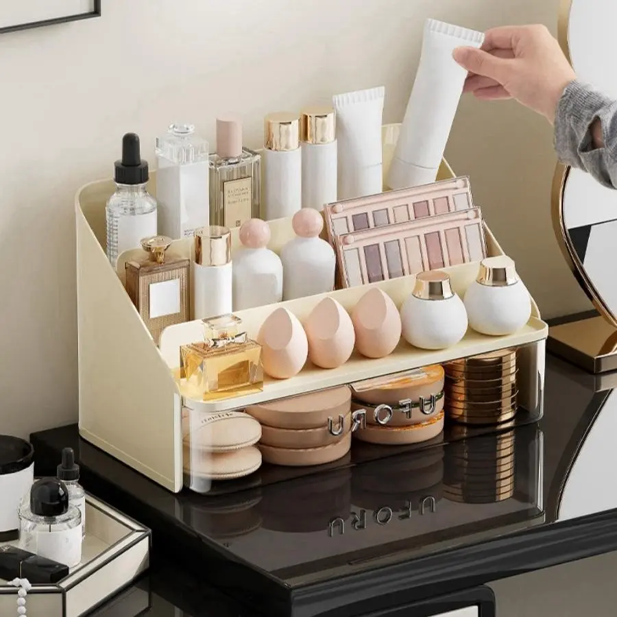 Dopamine Color Block Makeup Organizer Box with Drawer, Layered Compartment Lipstick Perfume Eyeshadow Skincare Desktop Storage Rack, Cosmetic Holder