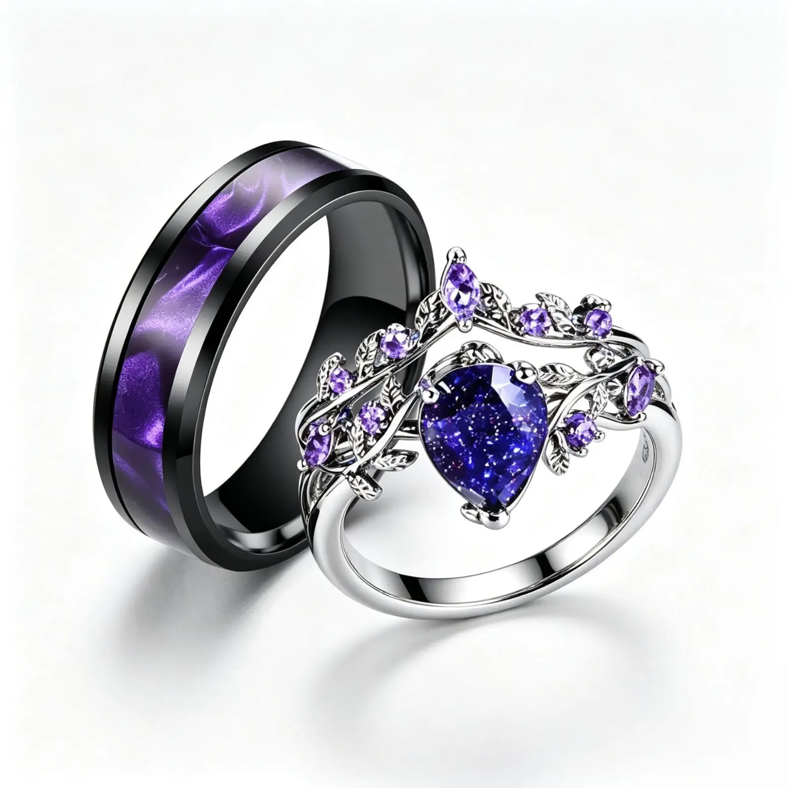 Gunmetal Eco-Friendly Couple Ring Set - Black Rose Branch Band Inlaid Blue Teardrop Stone, Gothic Statement Matching Pieces for Him & Rings for Women, Anniversary Gift