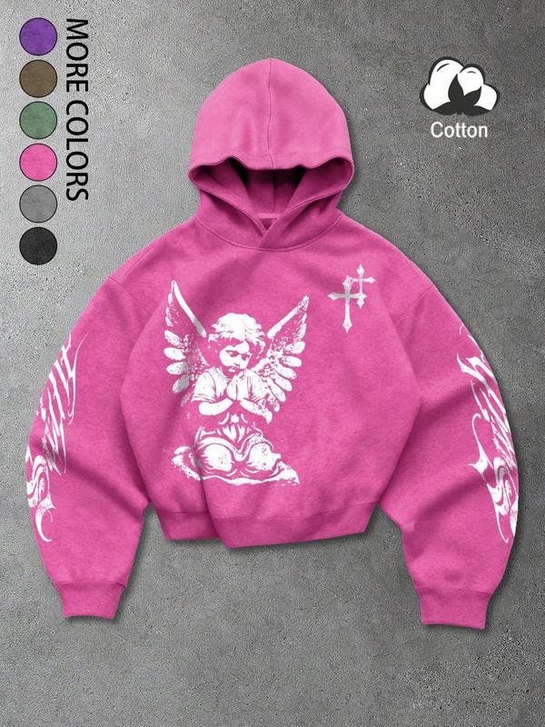 Unisex Vintage Street Style Angel Prayer Hoodie with Distressed Cross Print, Loose Gothic Sweatshirt for Trendy Couples and Fashion Enthusiasts