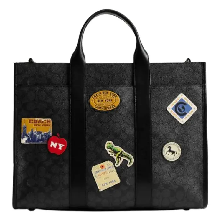 COACH Wesley 41 Classic Logo-Embellished Faux Leather Tote Bag for Women, Oversized Crossbody Shoulder Handbag in Charcoal Gray