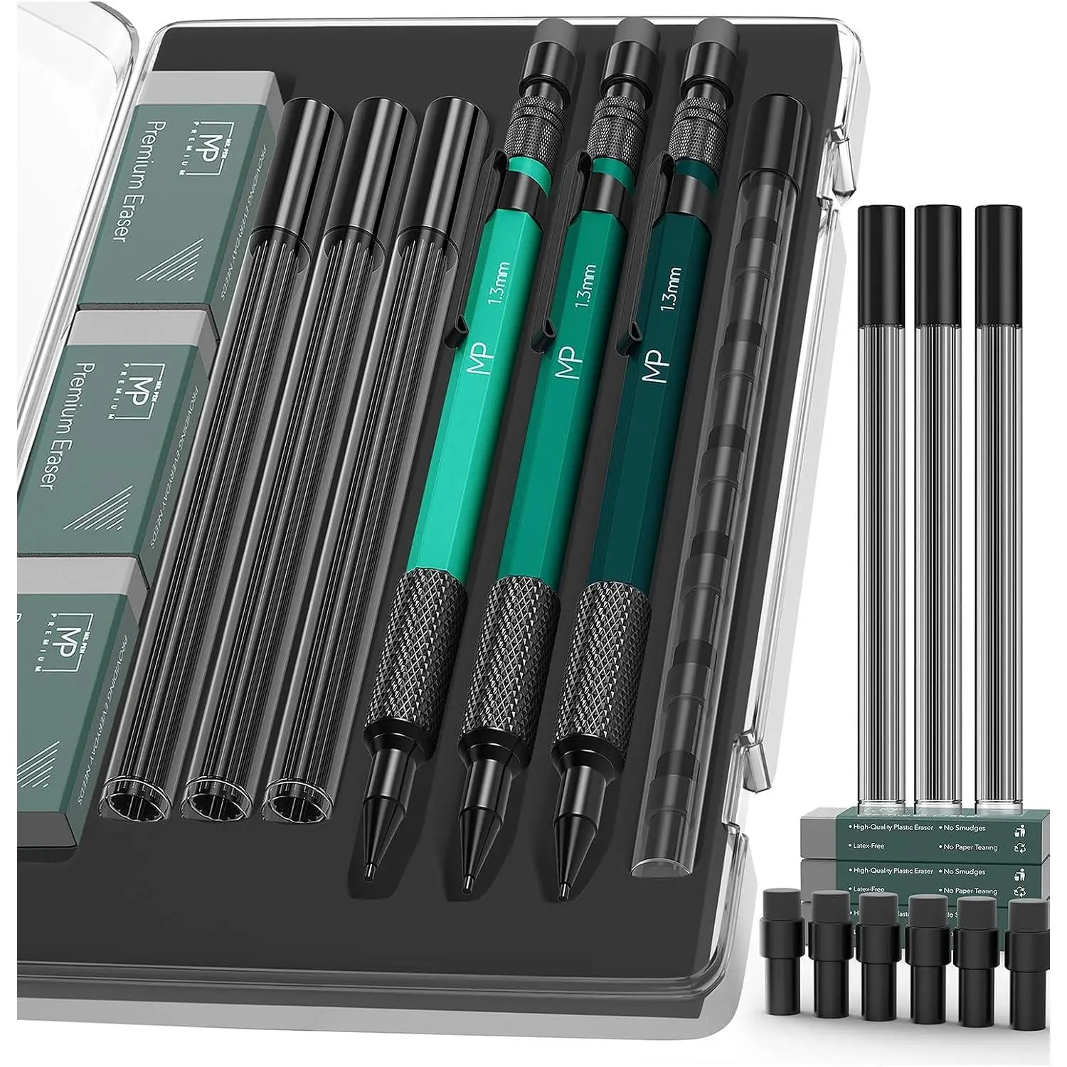 - Metal Mechanical cil Set with Lead Refills & Erasers, 3 Pack | 1.3 mm, 3x Lead & 6x Eraser Refills, 3x  Erasers, Ideal for Precision Drawing cils for Sketching, Fathers Day
