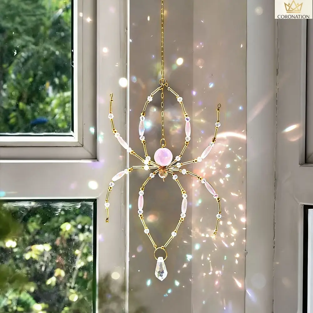 Handmade Spider Sun Catcher with Pink Crystal Beads, Aesthetic Boho Gothic Window Hanging Decor, Sparkling Spider Ornament for Colorful Light Reflection, Unique Home Decoration for Windows, Gardens, Bedrooms, Patios & Indoor Outdoor Spaces