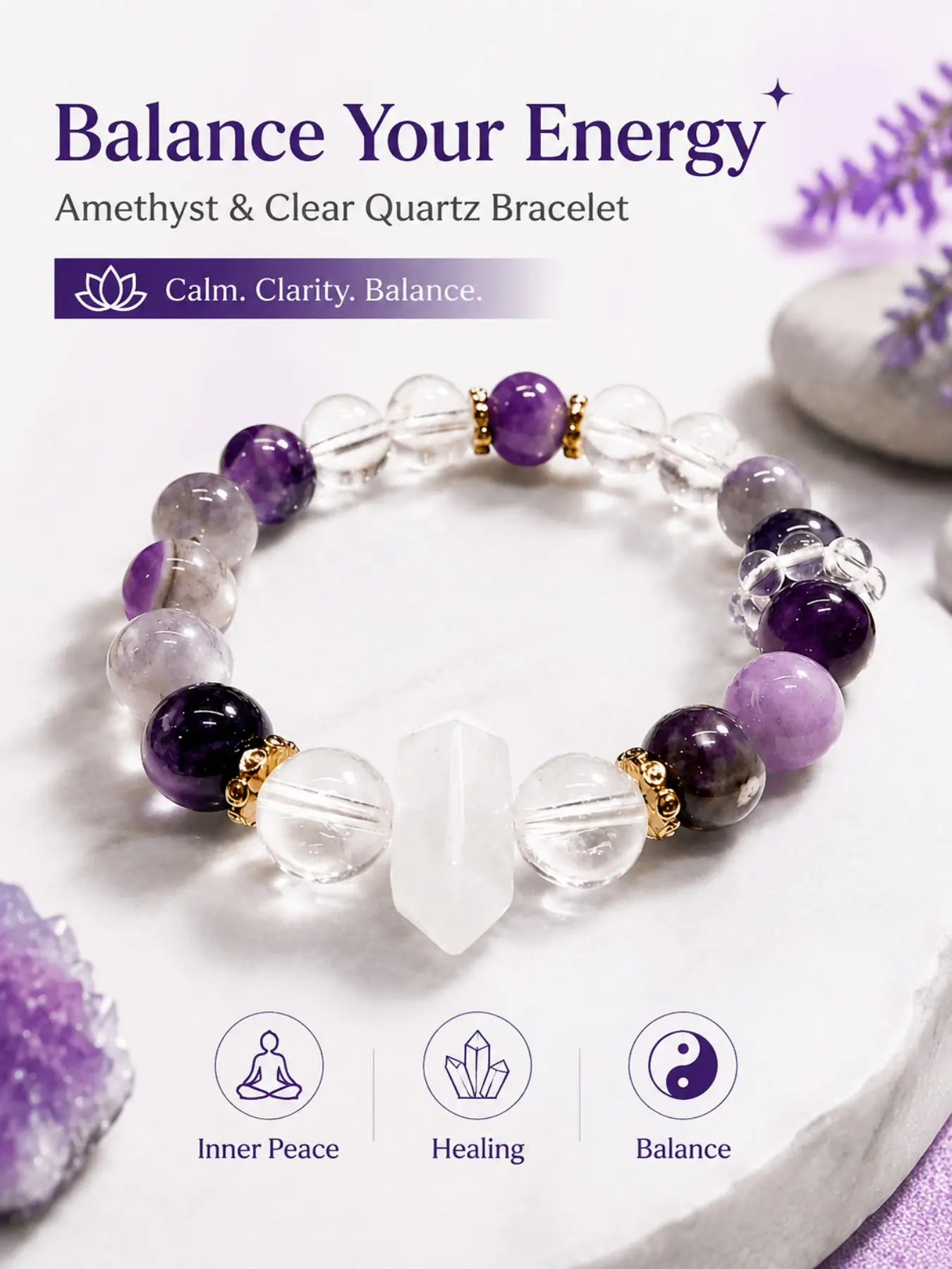 Natural Amethyst Quartz Women's Bracelet, Energy Healing Stone Jewelry, Calms Mind, Clarifies Thoughts, Balances Chakras, Yoga Gift, Anxiety Relief, Positive Energy Gemstone