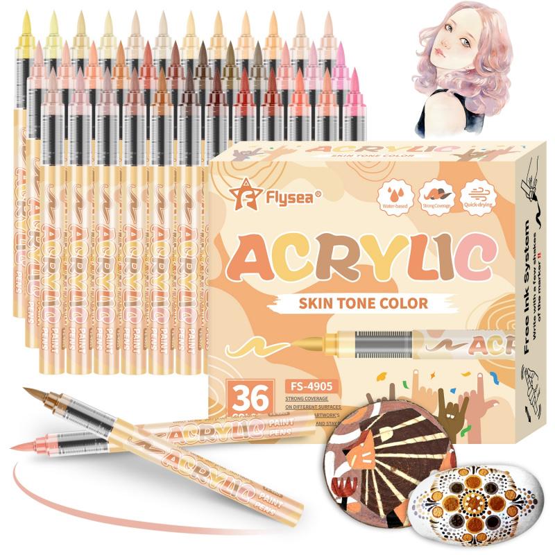 Skin Tones Art Markers,12/24/36 Color Soft Brush Tip Acrylic Paint Pens, Acrylic Drawing Markers, Quick-Drying Waterproof Acrylic Paint Markers for Illustration Sketching, Wood,Glass,Fabric,Rocks Painting, Art Markers Set