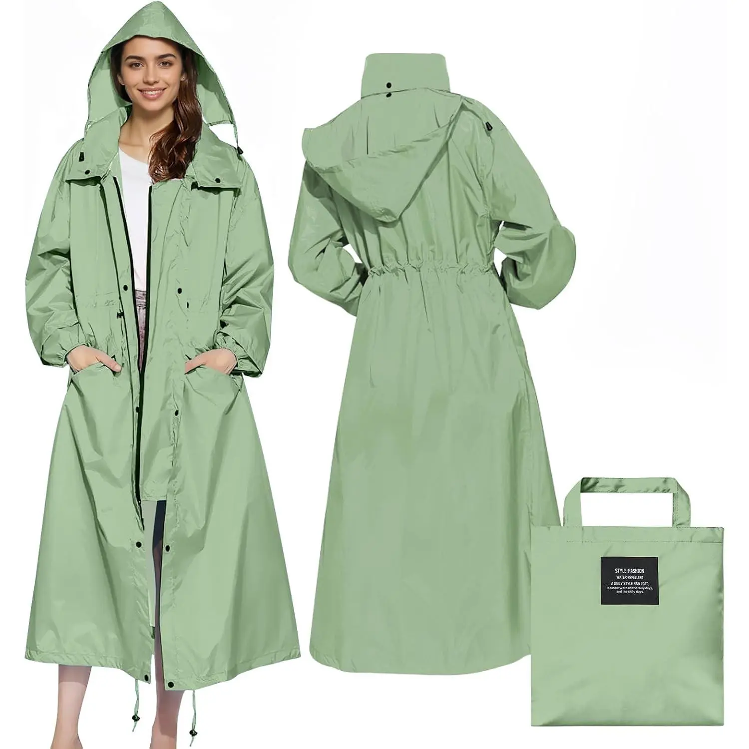 Women's Long Raincoat Waterproof Packable Hooded Windbreaker Lightweight Adjustable Waist Outdoor Jacket