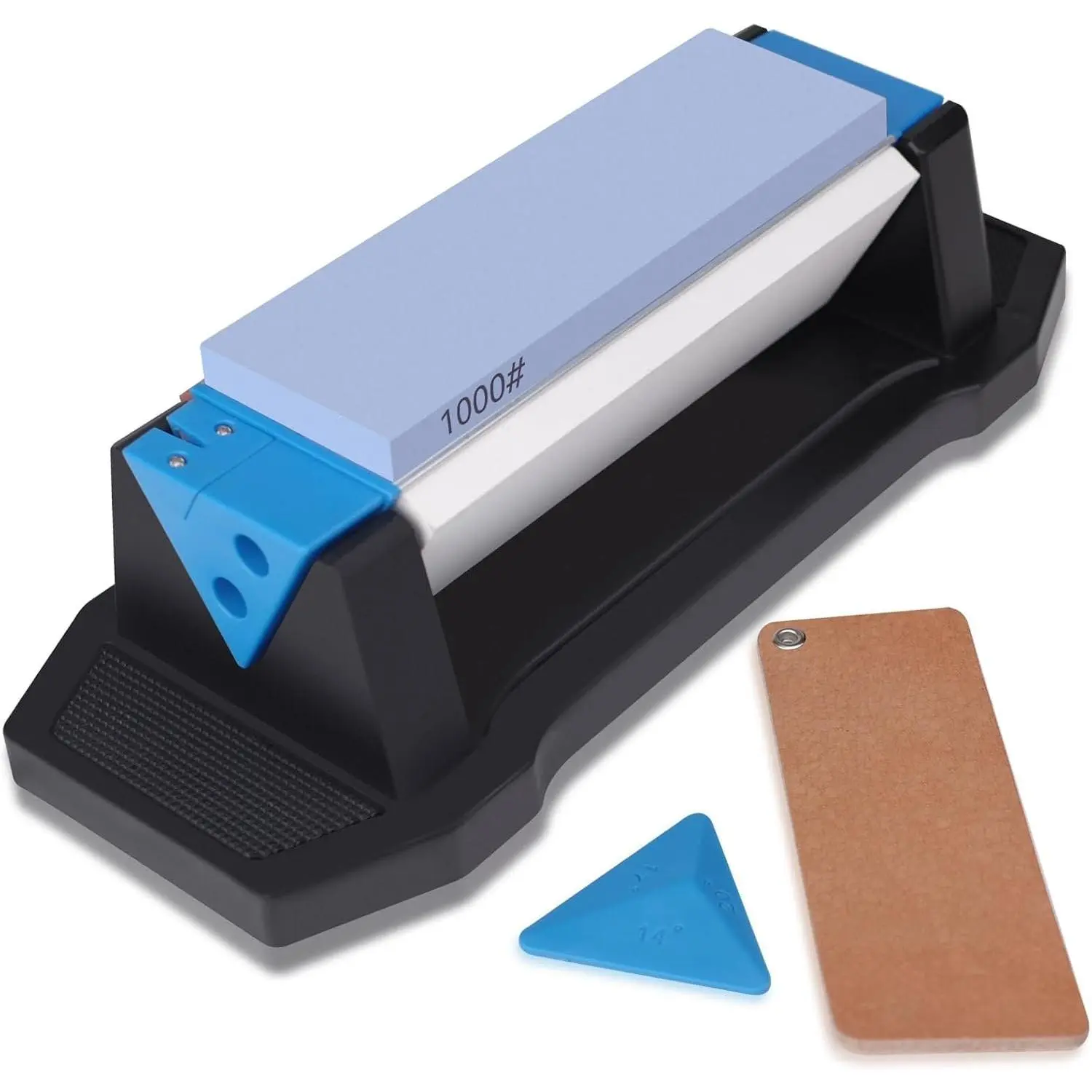 Tri-Stone  Sharpener, 400/1000/5000 Grit | 3-sided whetstone for kitchen & pocket ; with non-slip base, angle guide & leather strop