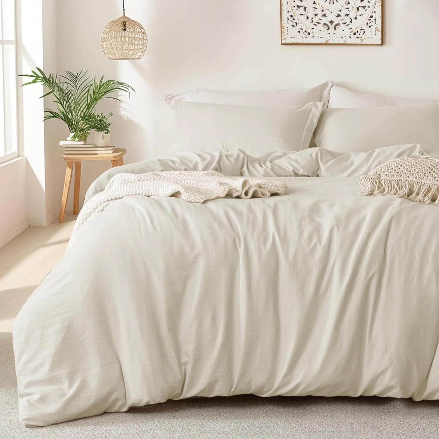 Duvet Cover King Soft Comforter Cover Set 3pcs, Beige| Washed Microfiber Cotton-Like, Breathable, Hidden Zipper, 8 Corner Ties, OEKO-TEX Certified, Fade Resistant