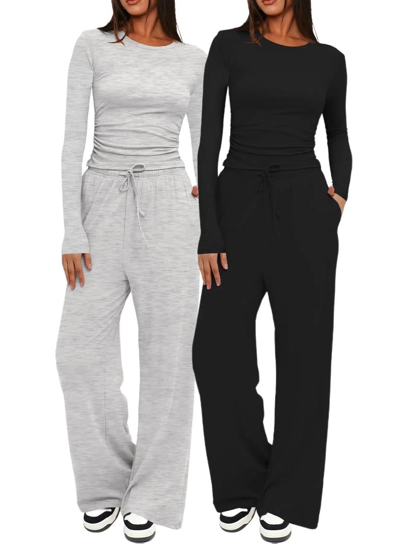 Two-piece Set Women's Solid Ruched Tee & Drawstring Pocket Pants Lounge Set, Casual Long Sleeve T-shirt & Elastic Waist Trousers, Ladies Sleepwear for All Seasons Loungewear