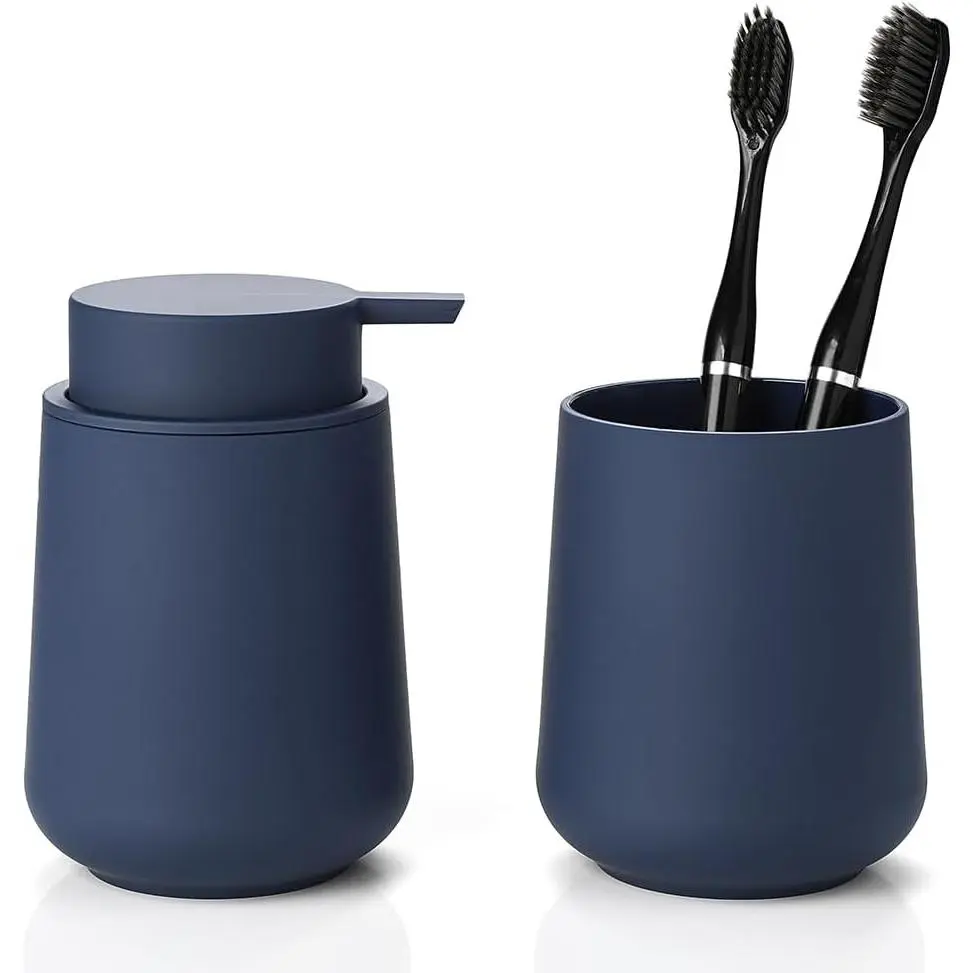 2-Piece Matte Blue Plastic Bathroom Accessories Set - Soap Dispenser, Toothbrush Holder for Modern Bathroom Decor