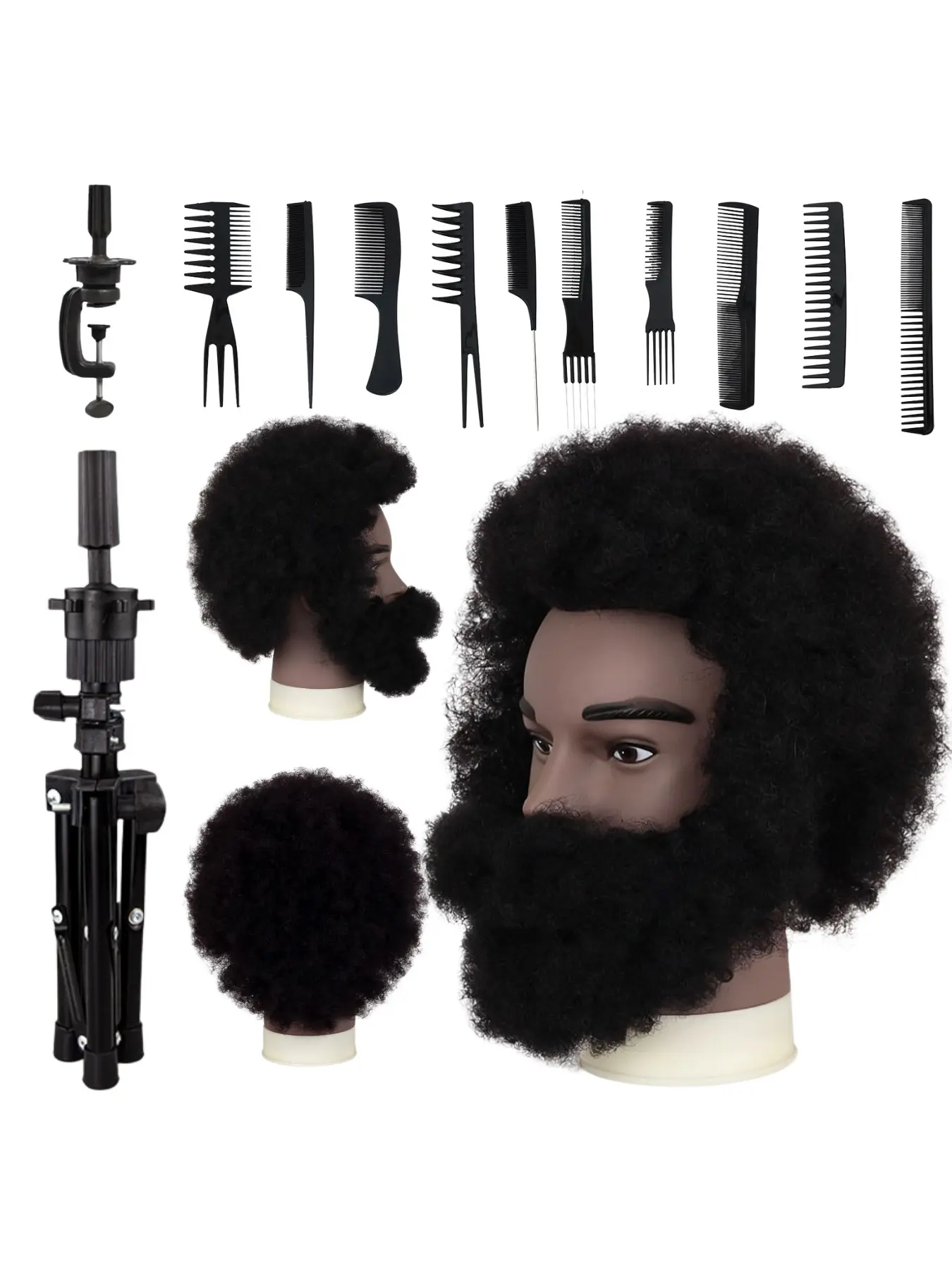 Male Afro Mannequin Head With Full Beard 6 Inch 100% Human Hair 4A Texture Natural Black Hair Manikin For African Barber Student Practice Braiding Textured Cut Beard Grooming Complete Set With Tripod Stand Clamp Professional Styling Combs