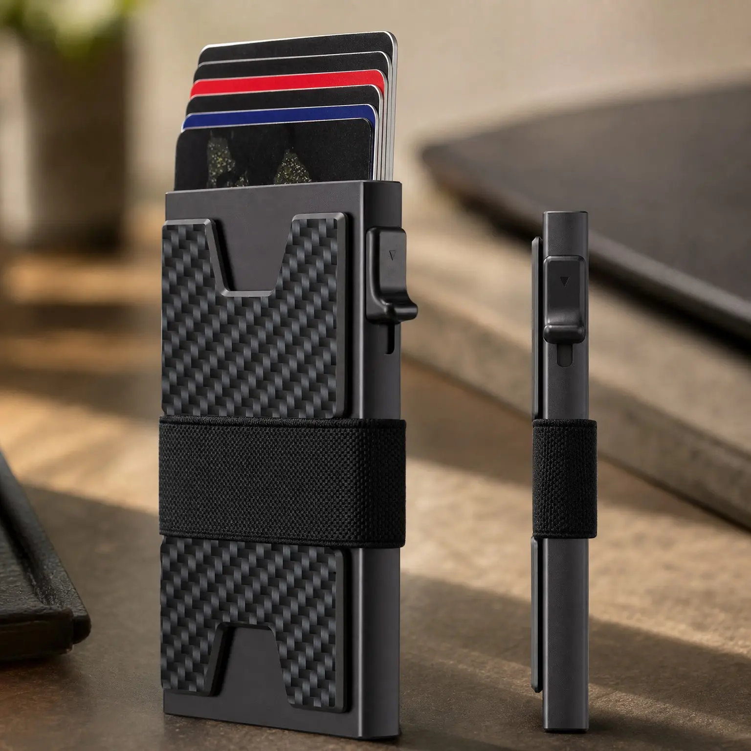 Slim Minimalist RFID Blocking Wallet for Men with Pop Up Credit Card Holder and Cash Band - Carbon Fiber BlackGift