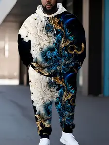 Blue Gold Liquid Floral Contrast 3D Full Print Plus Size Men's Hooded Sports Set, Casual Asymmetrical Design, Fall & Winter