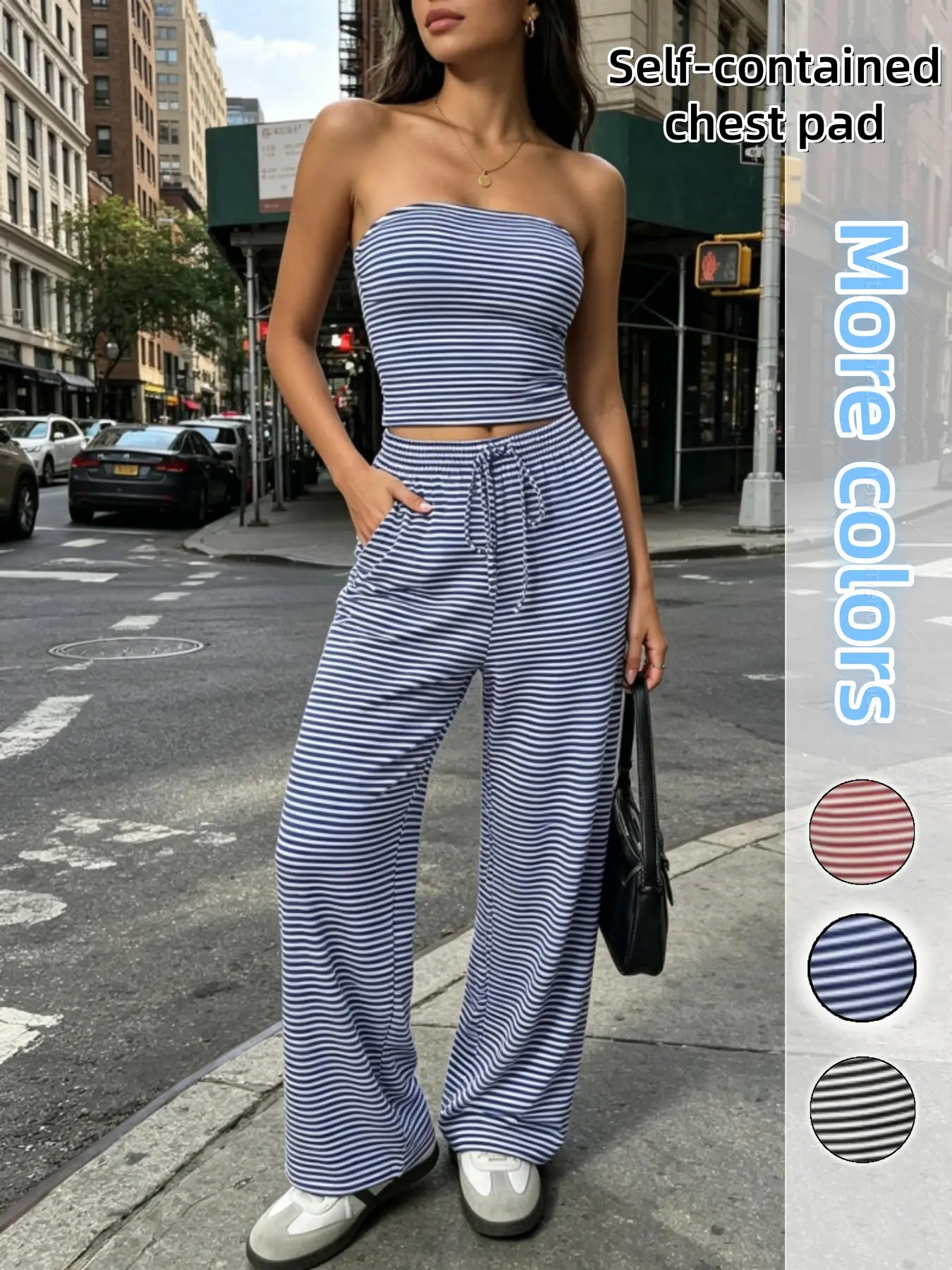 Women 2 Piece Summer Sets Striped Tube Top Wide Leg Pants Womens Pajama Set, Cozy Loungewear Matching PJs, Soft Summer Sleepwear Outfit For Daily Lounge Wear