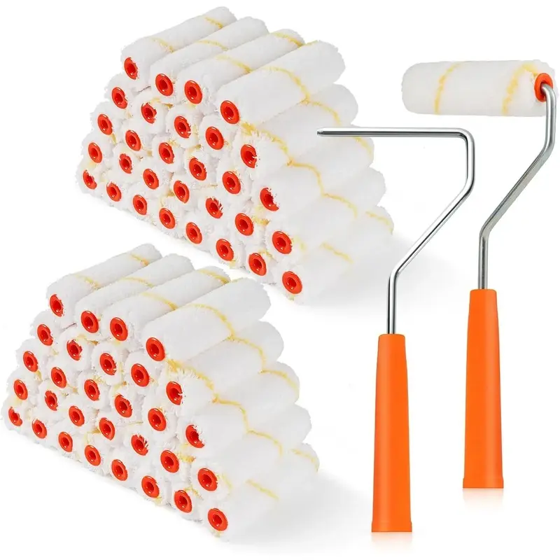 60 Pack Microfiber  Roller 4 Inch, Small  Roller Covers, 3/8 Inch Nap, Mini  Rollers for House Painting with  Roller Frame, Wall Painting Tool