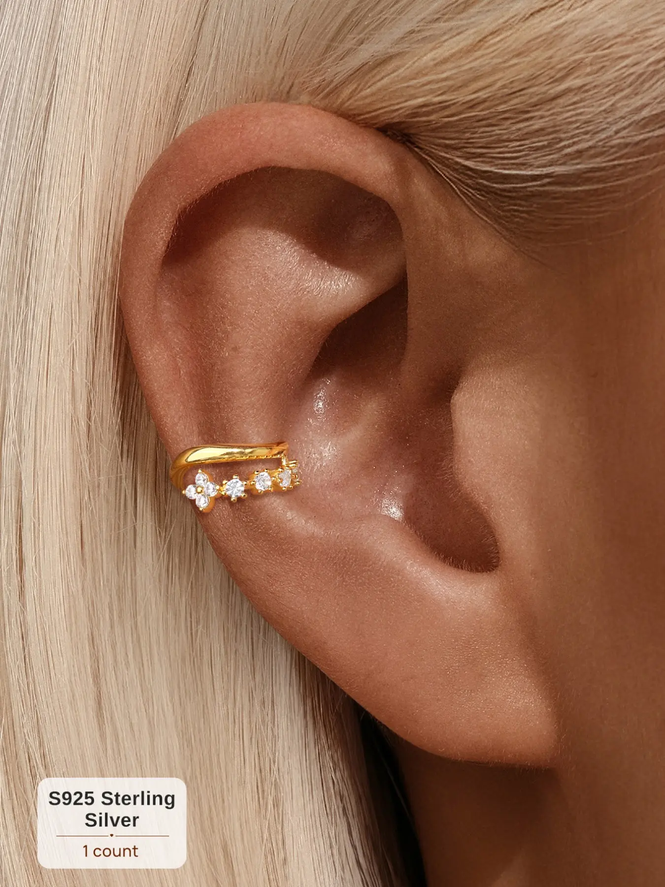 (Single Piece) Gold-Plated S925 Sterling Silver Four-Petal Flower Earring Cuff, Ideal for Daily Wear and Special Occasions, Earrings Jewelry