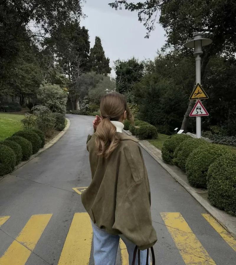 2026 Spring New Women's Suede Texture Effect Loose Fit Fashion Lapel Shoulder Bomber Jacket in Olive Brown & Burgundy