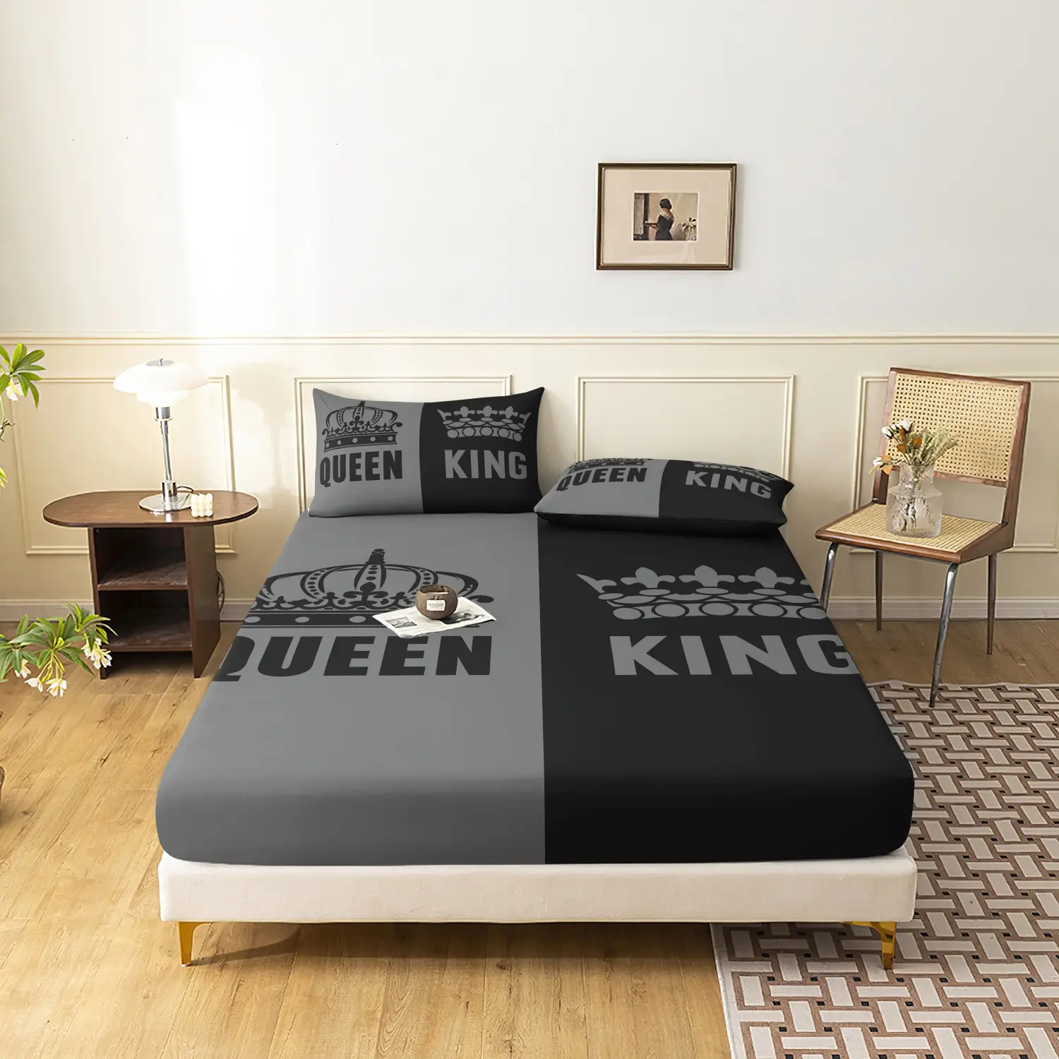 3 Pieces Gray Black Two Tone King Queen Crown Fitted Sheet Set, Minimalist Couple Letter Crown Print Bedding, Soft Microfiber Modern Romantic Aesthetic Bedding Decor for Couples Husband Wife, Comfy Bedding Sets(1 Fitted Sheet + 2 Pillowcases, No Pillow)