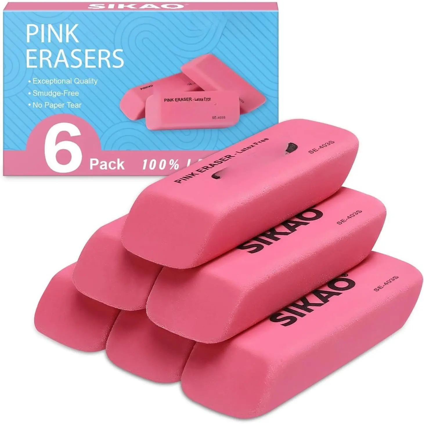 Erasers, 6 Pack Pencil Erasers | Latex-Free & Smudge-Free Beveled Rubber Erasers for School Supplies, Classroom, Art & Homework