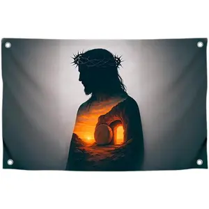 3x5 Feet Wall Flag Christian with the Image of Jesus with Four Brass Grommets - Single Sided Cool Tapestry for College Dorm Room Decor - Polyester Cool Poster for Bedroom Decor Banner for Inside