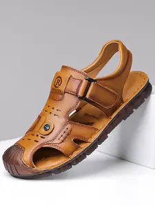 Men's Summer Sandals, Textured Upper, Hollow Out Design, Velcro Closure, Breathable Anti-Slip, Outdoor Beach Shoes, Ideal for Daily Wear, Driving, Gifts