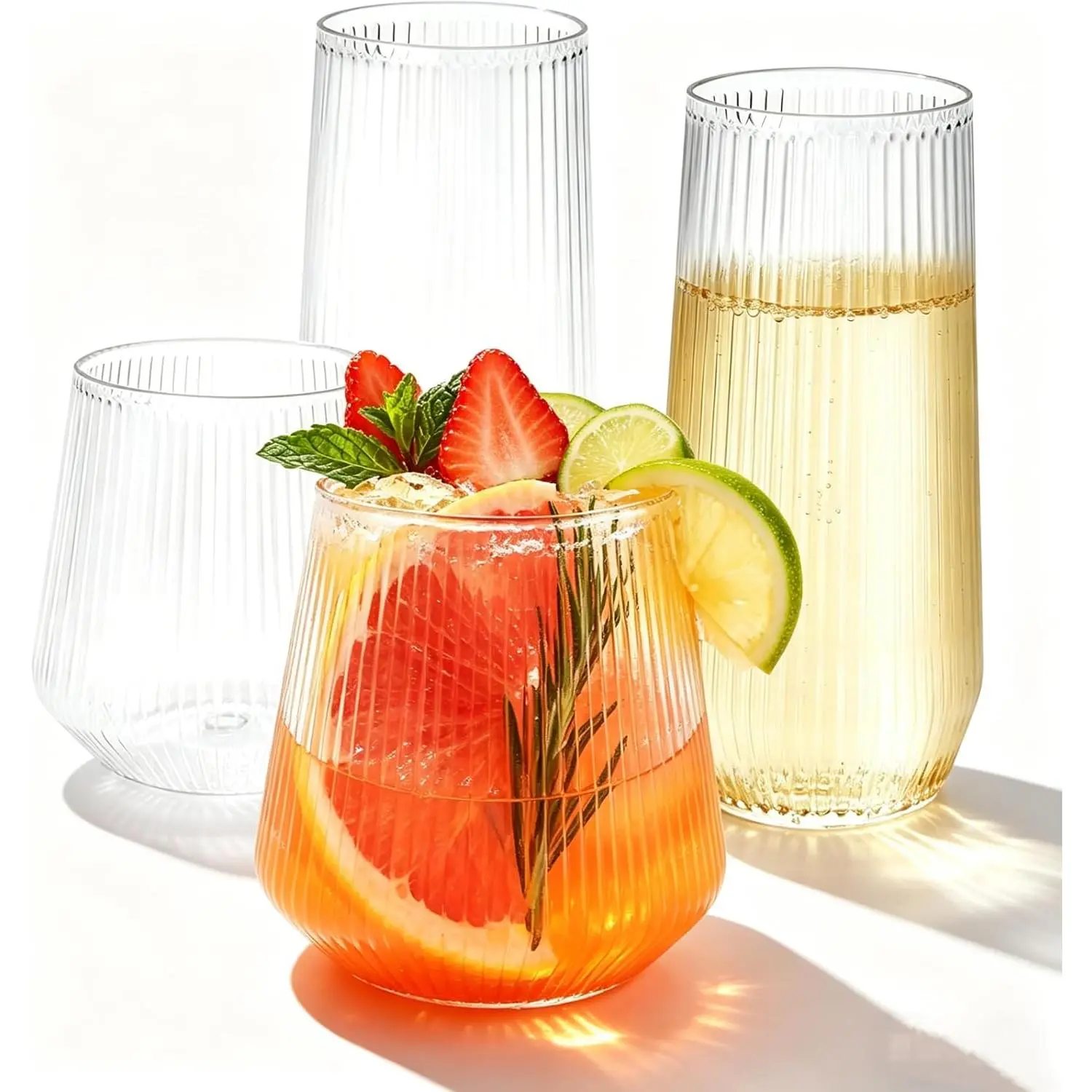 48 Pack Plastic Glasses 24 x 9oz Stemless Champagne Flutes & 24 x 12oz Stemless Wine Glasses Elegant Disposable Shatterproof BPA-Free Drinkware for Weddings Parties Clear Ribbed